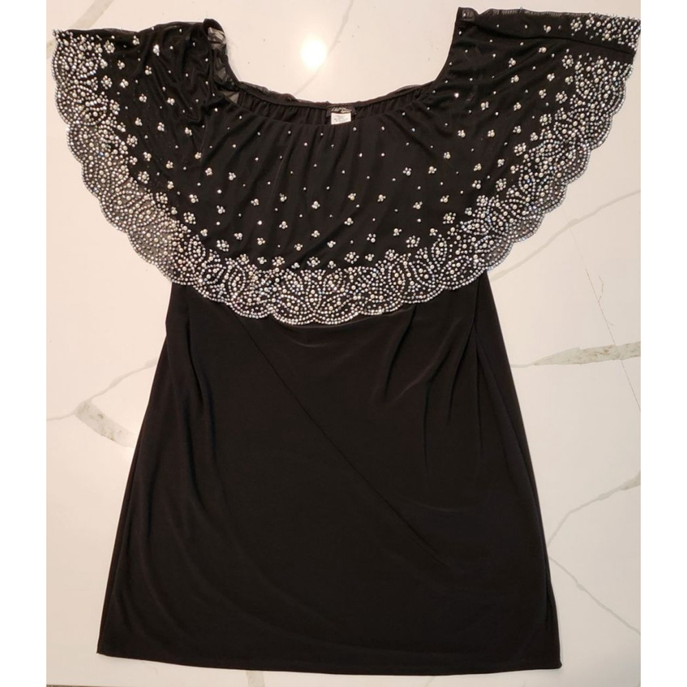 S. Levine Women 3X Black Cocktail Dress Pearl Beaded Cape Overlay Evening Dress - Picture 7 of 10